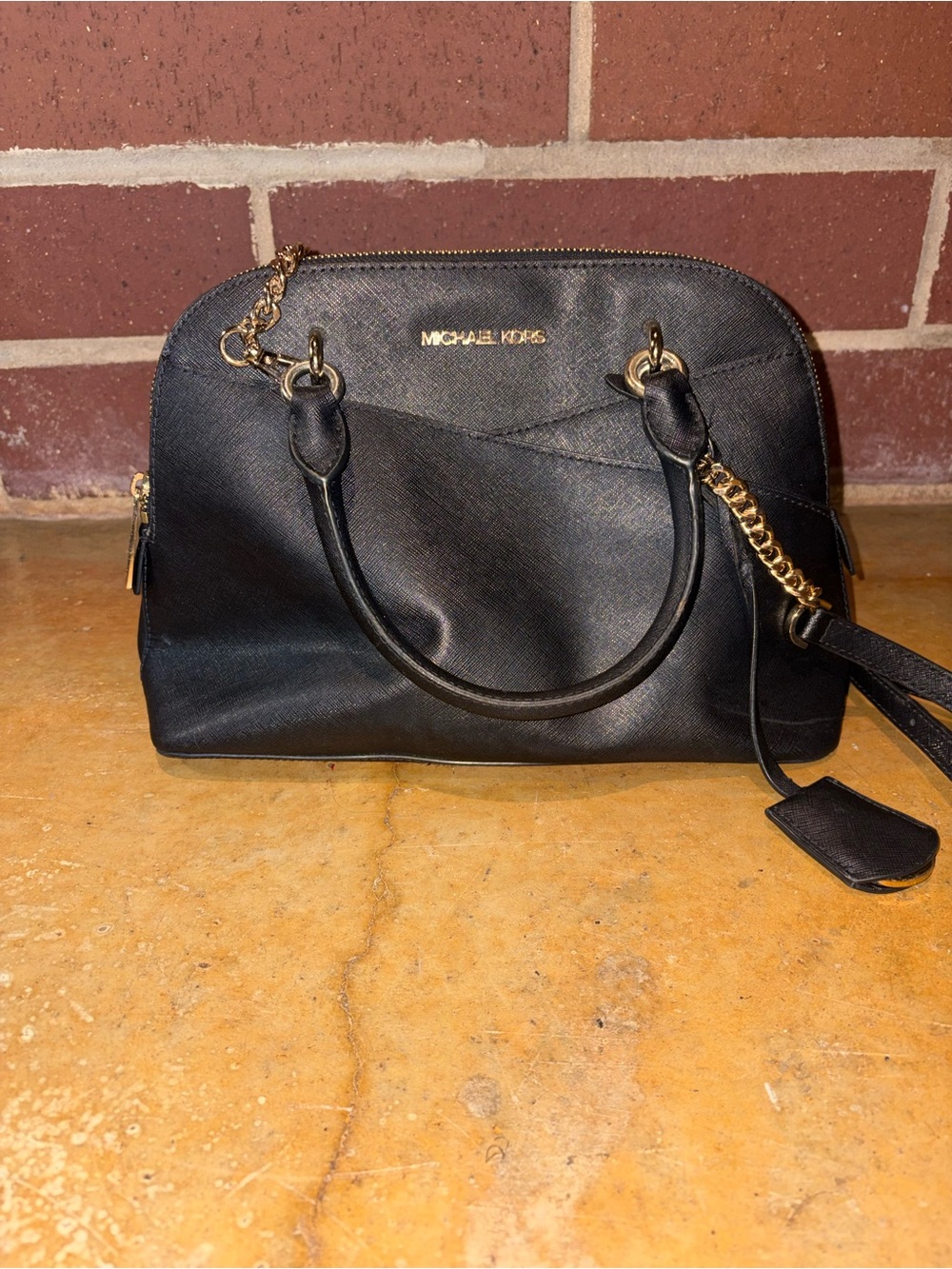 Michael Kors Black Saffiano Dome Satchel with Gold Chain Detail